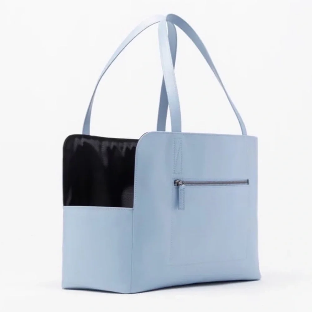 Light Blue Leather Dog Tote Bag Carrier by Fable Pets